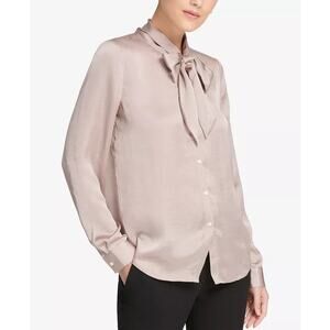 LOFT Ann Taylor Women's Brown Button-Up Bow Neck Blouse Sz M